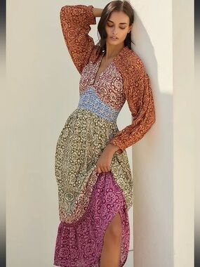 Mahila Long-Sleeve Tiered Maxi Dress- Mahila by Torani collection @Anthropolgy
